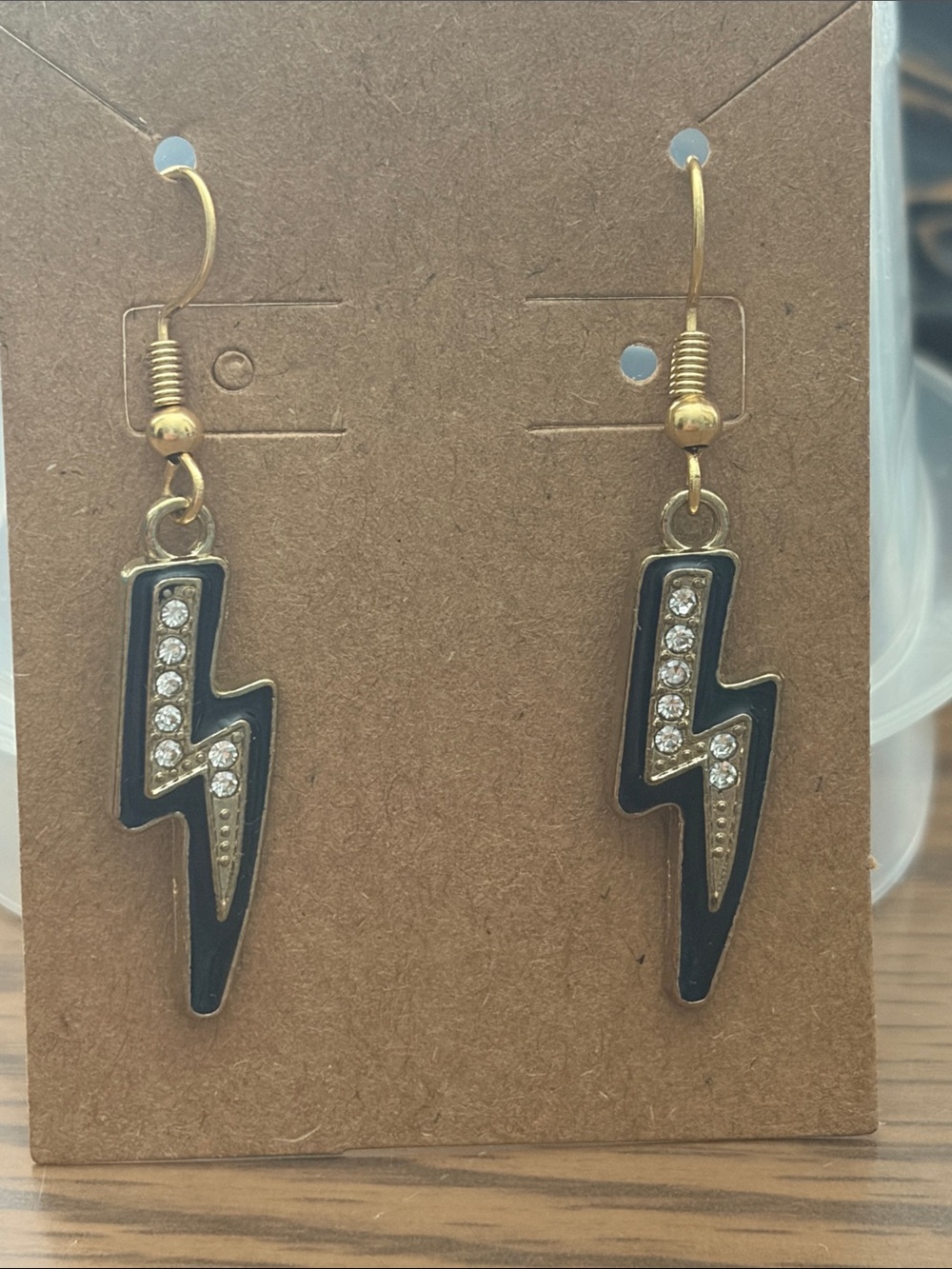 No Brand Black and Gold Lightning Bolt with Rhinestone Pierced Earrings